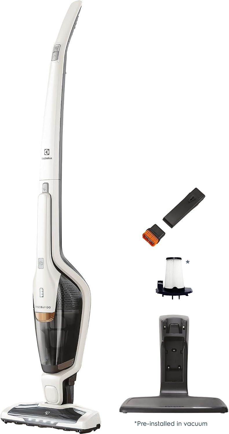 Electrolux Ergorapido Cordless 2-in-1 Vacuum Cleaner with High Suction Power and 180° EasySteer Mobility, 48-Minute Run Time, 2 Power Modes, Satin White